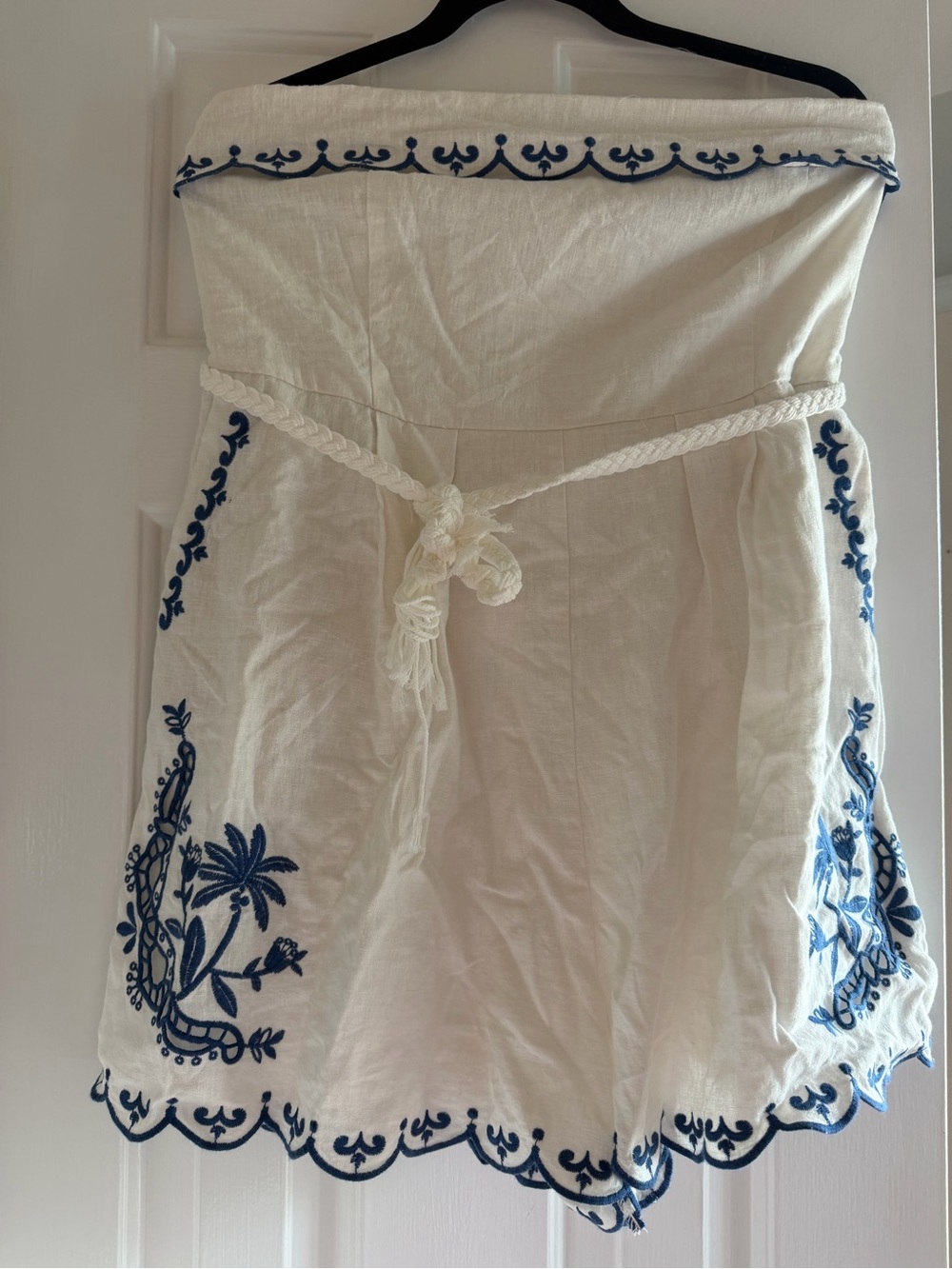Caroline Constas White Strapless Embroidered Romper with Blue Detailing